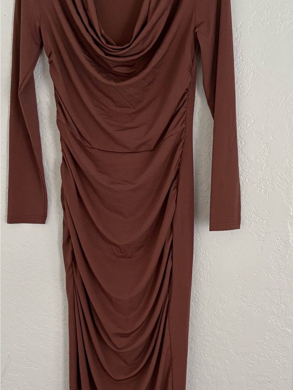 SHEIN Rust Brown Draped Long Sleeve Midi Dress